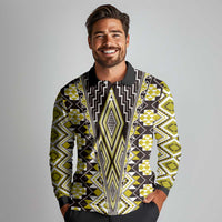 Yellow Aotearoa Tukutuku and Poutama Motif Long Sleeve Polo Shirt
