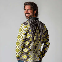 Yellow Aotearoa Tukutuku and Poutama Motif Long Sleeve Polo Shirt