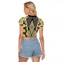 Yellow Aotearoa Tukutuku and Poutama Motif Raglan Cropped T Shirt LT03 - Polynesian Pride