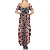 Red Aotearoa Tukutuku and Poutama Motif Family Matching Summer Maxi Dress and Hawaiian Shirt