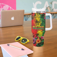 Hawaiian Reggae Tumbler With Handle Tropical Plants and Tribal Kakau Tattoo-One Love Jawaiian