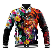 Hawaiian Lei Day Baseball Jacket Colorful Plumeria and Volcanic Turtle with Abstract Lava Texture LT03 Unisex Black - Polynesian Pride