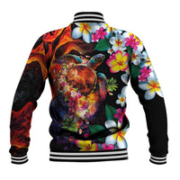 Hawaiian Lei Day Baseball Jacket Colorful Plumeria and Volcanic Turtle with Abstract Lava Texture LT03 - Polynesian Pride
