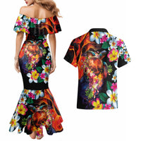Hawaiian Lei Day Couples Matching Mermaid Dress and Hawaiian Shirt Colorful Plumeria and Volcanic Turtle with Abstract Lava Texture