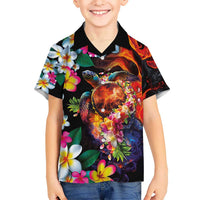 Hawaiian Lei Day Kid Hawaiian Shirt Colorful Plumeria and Volcanic Turtle with Abstract Lava Texture