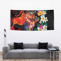 Hawaiian Lei Day Tapestry Colorful Plumeria and Volcanic Turtle with Abstract Lava Texture