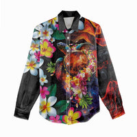 Hawaiian Lei Day Women Casual Shirt Colorful Plumeria and Volcanic Turtle with Abstract Lava Texture