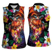 Hawaiian Lei Day Women Sleeveless Polo Shirt Colorful Plumeria and Volcanic Turtle with Abstract Lava Texture