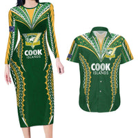 Custom Cook Islands Rugby League Couples Matching Long Sleeve Bodycon Dress and Hawaiian Shirt Tatau Tribal Pattern-Special Edition Green Color