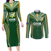 Custom Cook Islands Rugby League Couples Matching Long Sleeve Bodycon Dress and Long Sleeve Button Shirt Tatau Tribal Pattern-Special Edition Green Color