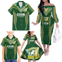 Custom Cook Islands Rugby League Family Matching Off The Shoulder Long Sleeve Dress and Hawaiian Shirt Tatau Tribal Pattern-Special Edition Green Color