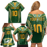 Custom Cook Islands Rugby League Family Matching Off Shoulder Short Dress and Hawaiian Shirt Tatau Tribal Pattern-Special Edition Green Color