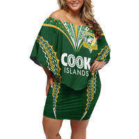 Custom Cook Islands Rugby League Family Matching Off Shoulder Short Dress and Hawaiian Shirt Tatau Tribal Pattern-Special Edition Green Color