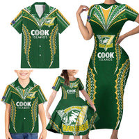 Custom Cook Islands Rugby League Family Matching Short Sleeve Bodycon Dress and Hawaiian Shirt Tatau Tribal Pattern-Special Edition Green Color