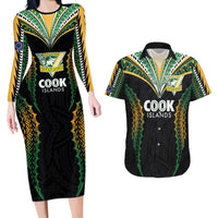Custom Cook Islands Rugby League Couples Matching Long Sleeve Bodycon Dress and Hawaiian Shirt Tatau Tribal Pattern-Special Edition Black Color