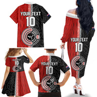 Custom Tonga and New Zealand Rugby Family Matching Off The Shoulder Long Sleeve Dress and Hawaiian Shirt Maori Mix Ngatu Pattern