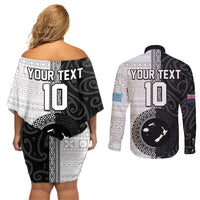 Custom Fiji and New Zealand Rugby Couples Matching Off Shoulder Short Dress and Long Sleeve Button Shirt Tapa Mix Maori Pattern