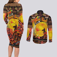 Personalized Australia and Papua New Guinea Together Couples Matching Long Sleeve Bodycon Dress and Long Sleeve Button Shirt Kangaroo Aboriginal Art and Bird-of-paradise Oro Tribal Motifs - Polynesian Pride