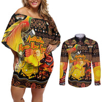 Personalized Australia and Papua New Guinea Together Couples Matching Off Shoulder Short Dress and Long Sleeve Button Shirt Kangaroo Aboriginal Art and Bird-of-paradise Oro Tribal Motifs - Polynesian Pride