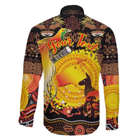 Personalized Australia and Papua New Guinea Together Family Matching Off The Shoulder Long Sleeve Dress and Hawaiian Shirt Kangaroo Aboriginal Art and Bird-of-paradise Oro Tribal Motifs - Polynesian Pride