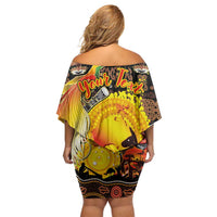 Personalized Australia and Papua New Guinea Together Off Shoulder Short Dress Kangaroo Aboriginal Art and Bird-of-paradise Oro Tribal Motifs - Polynesian Pride