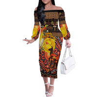 Personalized Australia and Papua New Guinea Together Off The Shoulder Long Sleeve Dress Kangaroo Aboriginal Art and Bird-of-paradise Oro Tribal Motifs - Polynesian Pride