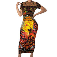 Personalized Australia and Papua New Guinea Together Short Sleeve Bodycon Dress Kangaroo Aboriginal Art and Bird-of-paradise Oro Tribal Motifs - Polynesian Pride
