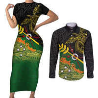 Personalized Chimpu Province Papua New Guinea Couples Matching Short Sleeve Bodycon Dress and Long Sleeve Button Shirt Bird-of-paradise Art Tattoo and Melanesian Motifs - Polynesian Pride