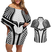 Hawaiian Kakau Art Tattoos Aquaman Style Couples Matching Off Shoulder Short Dress and Hawaiian Shirt White Version - Polynesian Pride