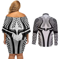 Hawaiian Kakau Art Tattoos Aquaman Style Couples Matching Off Shoulder Short Dress and Long Sleeve Button Shirt White Version - Polynesian Pride