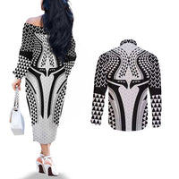 Hawaiian Kakau Art Tattoos Aquaman Style Couples Matching Off The Shoulder Long Sleeve Dress and Long Sleeve Button Shirt White Version - Polynesian Pride