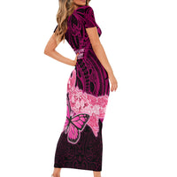 Polynesia Breast Cancer Short Sleeve Bodycon Dress Butterfly and Flowers Ribbon Maori Tattoo Ethnic Black Style LT03 - Polynesian Pride