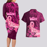 Polynesia Breast Cancer Couples Matching Long Sleeve Bodycon Dress and Hawaiian Shirt Butterfly and Flowers Ribbon Maori Tattoo Ethnic Pink Style LT03 - Polynesian Pride