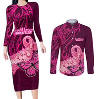 Polynesia Breast Cancer Couples Matching Long Sleeve Bodycon Dress and Long Sleeve Button Shirts Butterfly and Flowers Ribbon Maori Tattoo Ethnic Pink Style LT03 Pink - Polynesian Pride