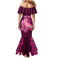 Polynesia Breast Cancer Family Matching Mermaid Dress and Hawaiian Shirt Butterfly and Flowers Ribbon Maori Tattoo Ethnic Pink Style LT03 - Polynesian Pride