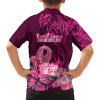 Polynesia Breast Cancer Family Matching Off Shoulder Long Sleeve Dress and Hawaiian Shirt Butterfly and Flowers Ribbon Maori Tattoo Ethnic Pink Style LT03 - Polynesian Pride