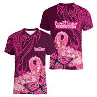 Polynesia Breast Cancer Women V Neck T Shirt Butterfly and Flowers Ribbon Maori Tattoo Ethnic Pink Style LT03 - Polynesian Pride