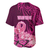 Custom Polynesia Breast Cancer Baseball Jersey Butterfly and Flowers Ribbon Maori Tattoo Ethnic Pink Style LT03 - Polynesian Pride