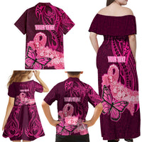Custom Polynesia Breast Cancer Family Matching Off Shoulder Maxi Dress and Hawaiian Shirt Butterfly and Flowers Ribbon Maori Tattoo Ethnic Pink Style LT03 - Polynesian Pride