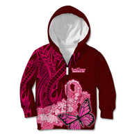 Polynesia Breast Cancer Kid Hoodie Butterfly and Flowers Ribbon Maori Tattoo Ethnic Red Style LT03 Zip Hoodie Red - Polynesian Pride