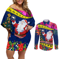 Cook Island Christmas Couples Matching Off Shoulder Short Dress and Long Sleeve Button Shirt Santa Claus Mix Maroro and Kakaia Hibiscus Flower Maori Pattern LT03 Blue - Polynesian Pride