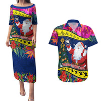Cook Island Christmas Couples Matching Puletasi Dress and Hawaiian Shirt Santa Claus Mix Maroro and Kakaia Hibiscus Flower Maori Pattern LT03 Blue - Polynesian Pride