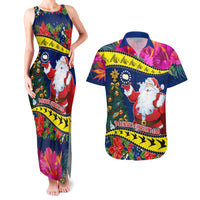 Cook Island Christmas Couples Matching Tank Maxi Dress and Hawaiian Shirt Santa Claus Mix Maroro and Kakaia Hibiscus Flower Maori Pattern LT03 Blue - Polynesian Pride