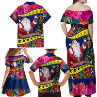 Cook Island Christmas Family Matching Off Shoulder Maxi Dress and Hawaiian Shirt Santa Claus Mix Maroro and Kakaia Hibiscus Flower Maori Pattern LT03 - Polynesian Pride