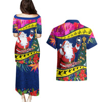Personalised Cook Island Christmas Couples Matching Puletasi Dress and Hawaiian Shirt Santa Claus Mix Maroro and Kakaia Hibiscus Flower Maori Pattern LT03 - Polynesian Pride