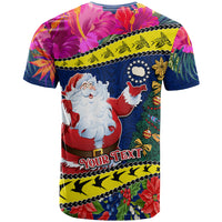 Personalised Cook Island Christmas T Shirt Santa Claus Mix Maroro and Kakaia Hibiscus Flower Maori Pattern LT03 - Polynesian Pride