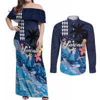 Hawaiian Honu Honi Ihu Couples Matching Off Shoulder Maxi Dress and Long Sleeve Button Shirt With Plumeria and Kakau Art Pattern LT03 Dark Blue - Polynesian Pride