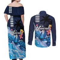 Hawaiian Honu Honi Ihu Couples Matching Off Shoulder Maxi Dress and Long Sleeve Button Shirt With Plumeria and Kakau Art Pattern LT03 - Polynesian Pride