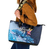 Hawaiian Honu Honi Ihu Leather Tote Bag With Plumeria and Kakau Art Pattern LT03 Dark Blue - Polynesian Pride