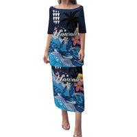 Hawaiian Honu Honi Ihu Puletasi With Plumeria and Kakau Art Pattern LT03 Long Dress Dark Blue - Polynesian Pride